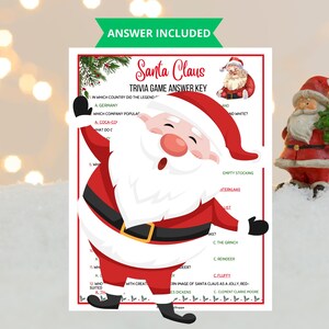 May include: A Christmas-themed trivia game answer key featuring Santa Claus illustrations. The red and white game sheet includes trivia questions and answers. A Santa Claus figurine is also visible.