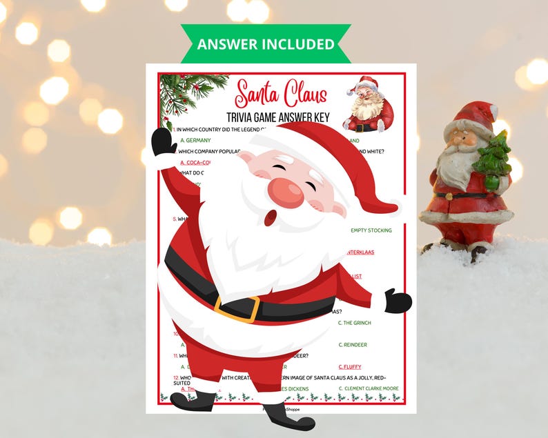 May include: A Christmas-themed trivia game answer key featuring Santa Claus illustrations. The red and white game sheet includes trivia questions and answers. A Santa Claus figurine is also visible.