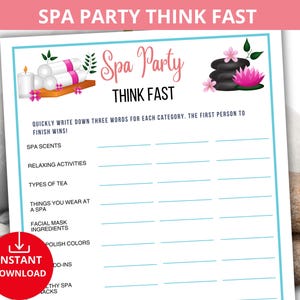 Think Fast Spa game,spa Party trivia,slumber Party Activity,Spa Birthday Game,girls night game,teen party ideas,bachelorette spa activity