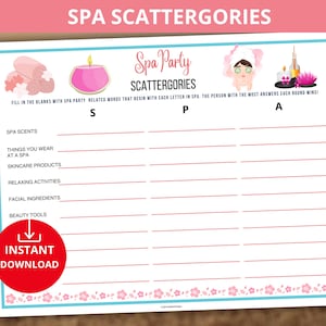 spa scattergories,spa Think Fast,Spa Party Game,spa trivia,Slumber Party Activity,Spa Birthday Game,girls night game,bachelorette spa activi