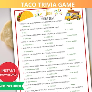 Fiesta Taco Trivia Game,Taco Party game,Food Trivia,Taco Fiesta,Mexican Fiesta,Cinco de Mayo party,Taco Quiz,trivia night,mexican culture