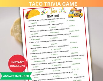 Fiesta Taco Trivia Game,Taco Party game,Food Trivia,Taco Fiesta,Mexican Fiesta,Cinco de Mayo party,Taco Quiz,trivia night,mexican culture