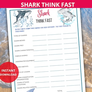 Shark Think Fast Game,Summer Activity,Shark Week Game,Shark Birthday Party,Shark Activity,Ocean Game,shark trivia,name 3,under the sea game