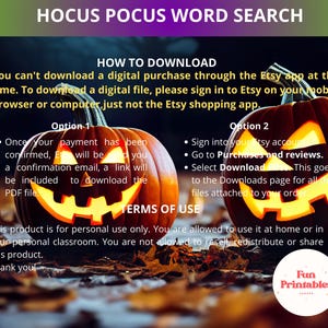 Op de afbeelding: Een digitale Halloween-thema print met de tekst "Hocus Pocus Word Search". De afbeelding toont twee uitgesneden pompoenen met gloeiende gezichten, tegen een donkere achtergrond met herfstbladeren. Instructies voor het downloaden zijn inbegrepen.