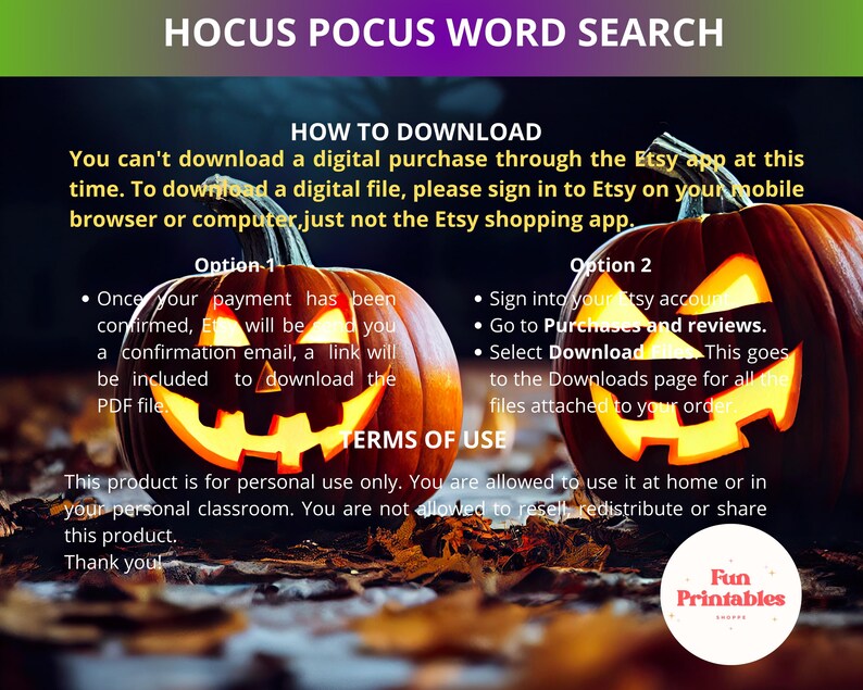 Op de afbeelding: Een digitale Halloween-thema print met de tekst "Hocus Pocus Word Search". De afbeelding toont twee uitgesneden pompoenen met gloeiende gezichten, tegen een donkere achtergrond met herfstbladeren. Instructies voor het downloaden zijn inbegrepen.