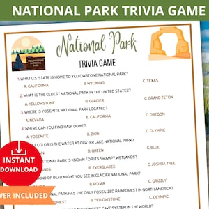 May include: A trivia game sheet titled "National Park Trivia Game" with multiple-choice questions about U.S. National Parks. The sheet includes the text "Instant Download" and "Answer Included" on a white background with a nature-themed border.