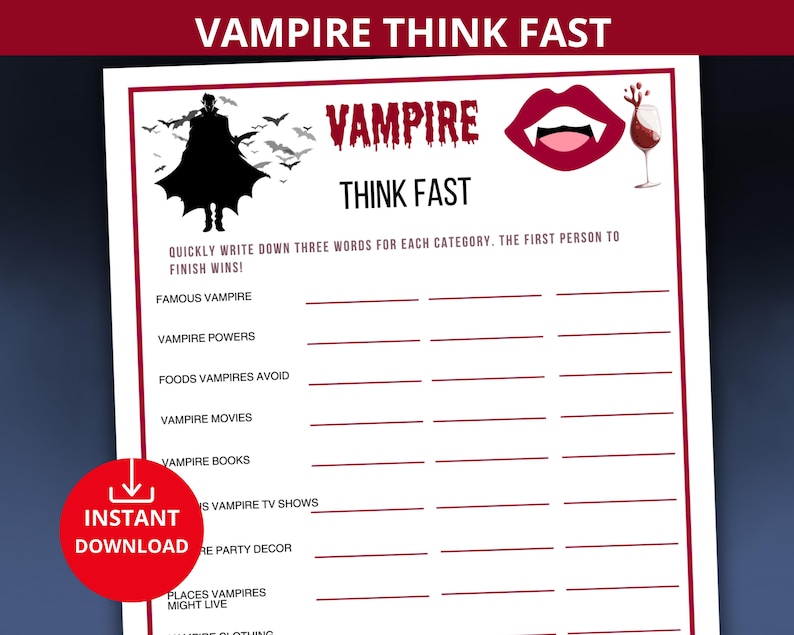 vampire party game,vampire think fast game,vampire quiz,vampire birthday party,vampire trivia,spooky game night,halloween icebreaker,dracula
fun halloween game
halloween indoor game
halloween quiz
monster think fast
think quick game
vampire party trivia
halloween icebreaker
think fast game
icebreaker game
nosferatu dracula
scary movie trivia
vampire diaries