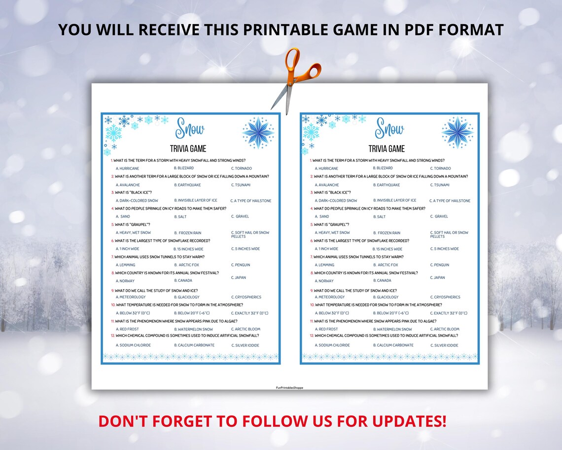 Snow Trivia,winter Trivia,snow Activity,winter Quiz,christmas Trivia ...
