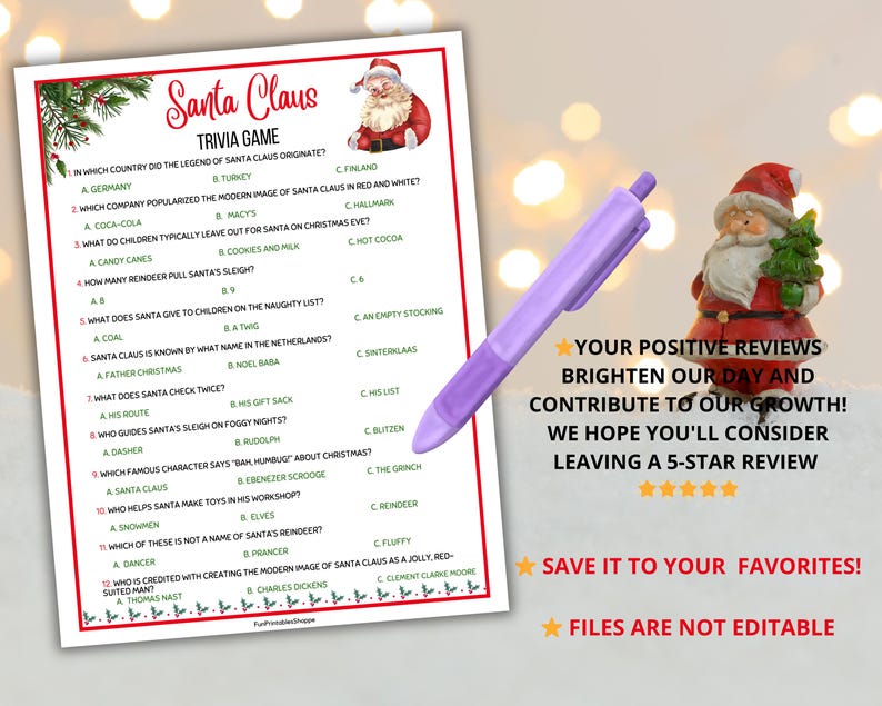 May include: A festive Christmas trivia game sheet with a Santa Claus theme. The sheet features multiple-choice questions about Santa Claus, with a decorative border of holly and berries. A purple pen and a Santa figurine are also in the image.