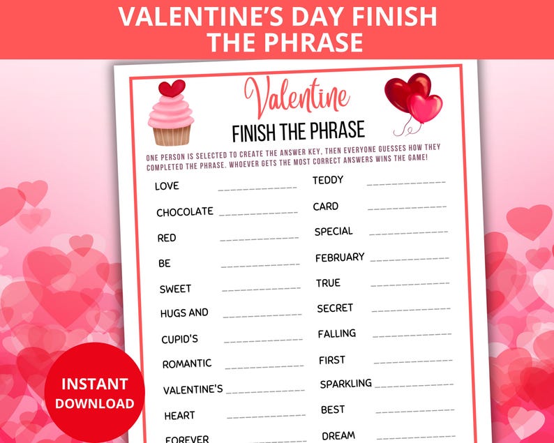 Valentines Day Finish the Phrase Game,fill in the Blank,valentines ...