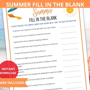 summer fill in the blanks,summer Finish The Phrase,Summer Quiz,Summer Trivia Game,Adults, Seniors,Printable Summer Game,Summertime Activity