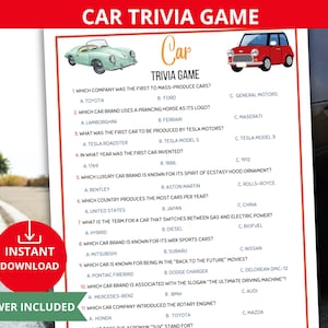May include: A printable car trivia game with 11 questions and multiple choice answers. The game features illustrations of vintage cars and the text "Car Trivia Game".