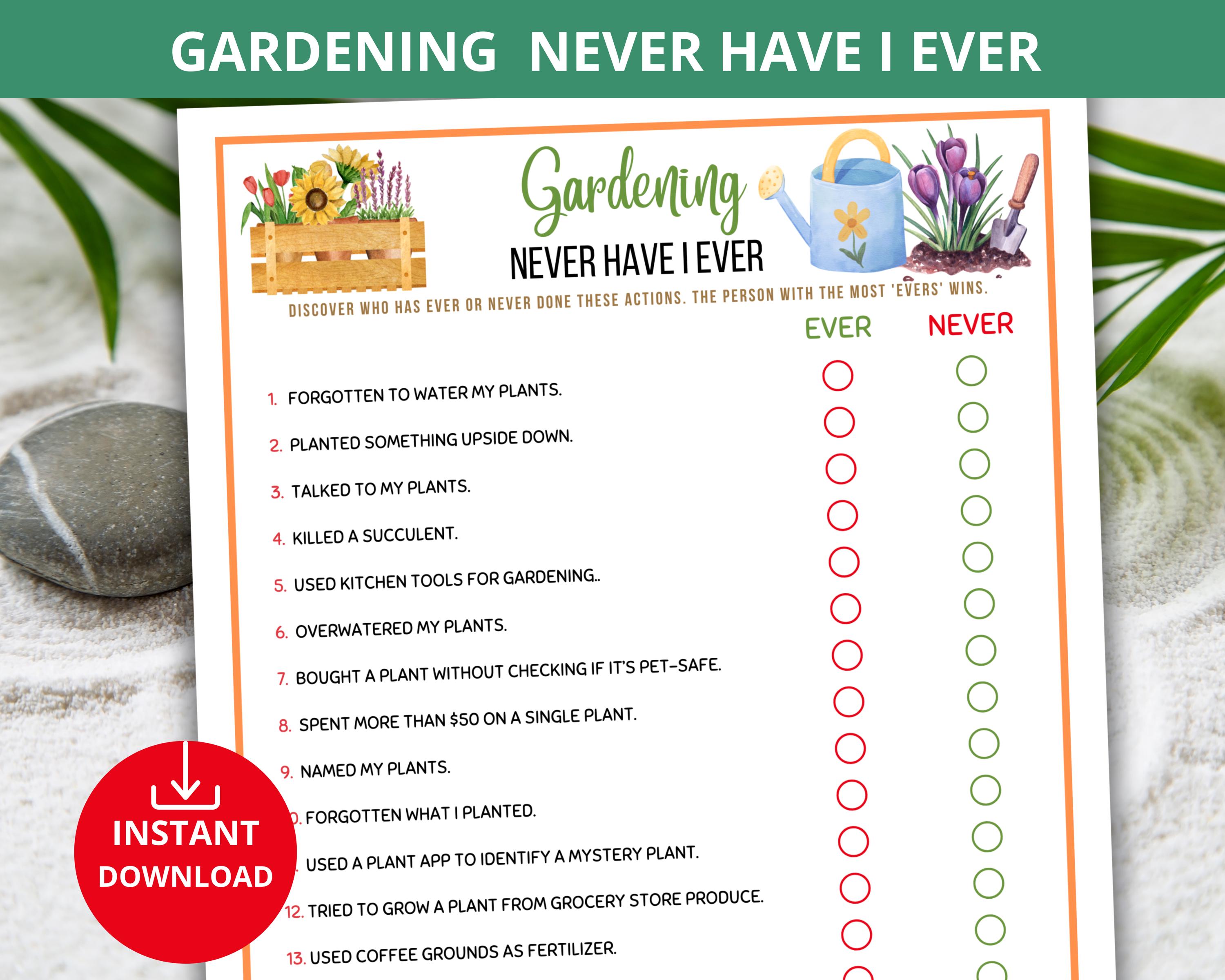 gardening Never Have I Ever Game,gardening trivia,gardening quiz,gardening party Games,Ever or Never,spring Party Games,gardening Activities