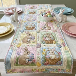 Könnte beinhalten: Ein gesteppter Ostertischläufer mit pastellfarbenen Quadraten mit Hasen, Ostereiern und Körben. Der Läufer ist mit floralen und Vichy-Mustern eingefasst. Weiße Keramik-Hasenfiguren und pastellfarbene Teller stehen auf dem Tisch.