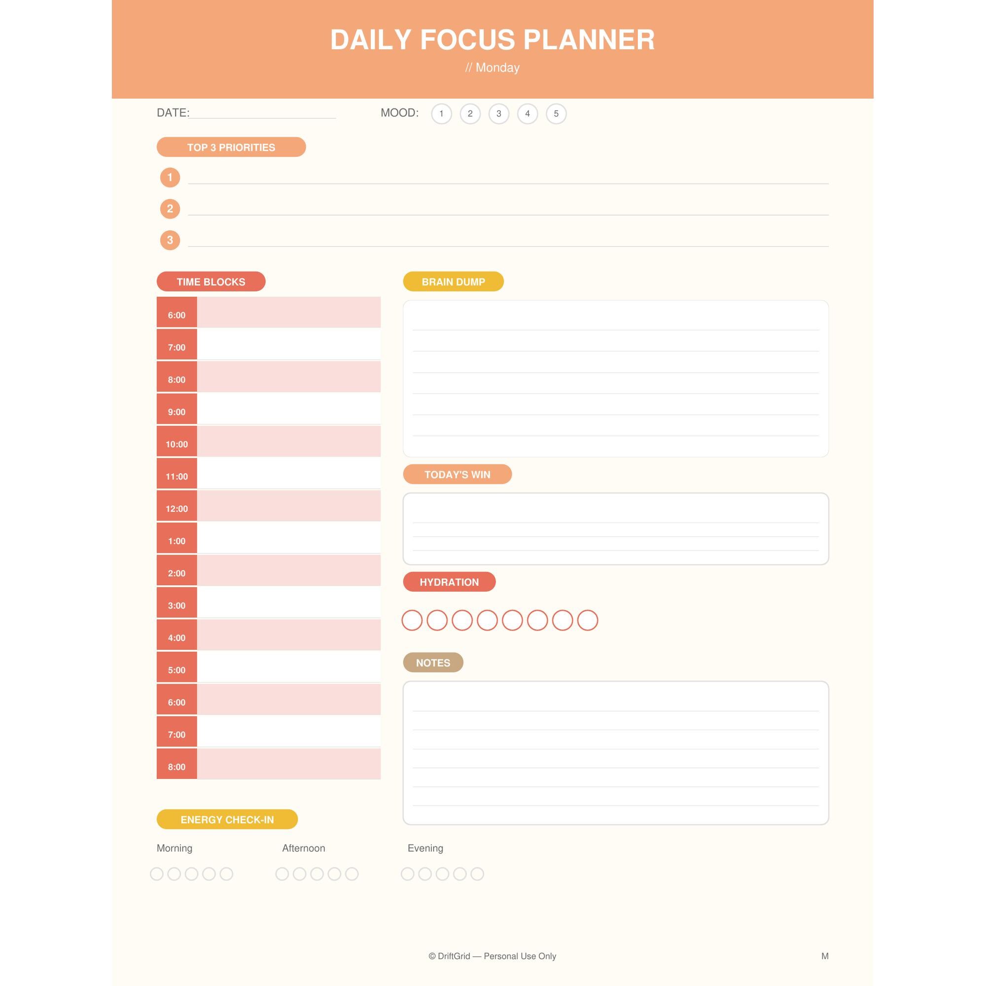 ADHD Daily Focus Planner | Adult Time Blocking PDF (instant Download ...
