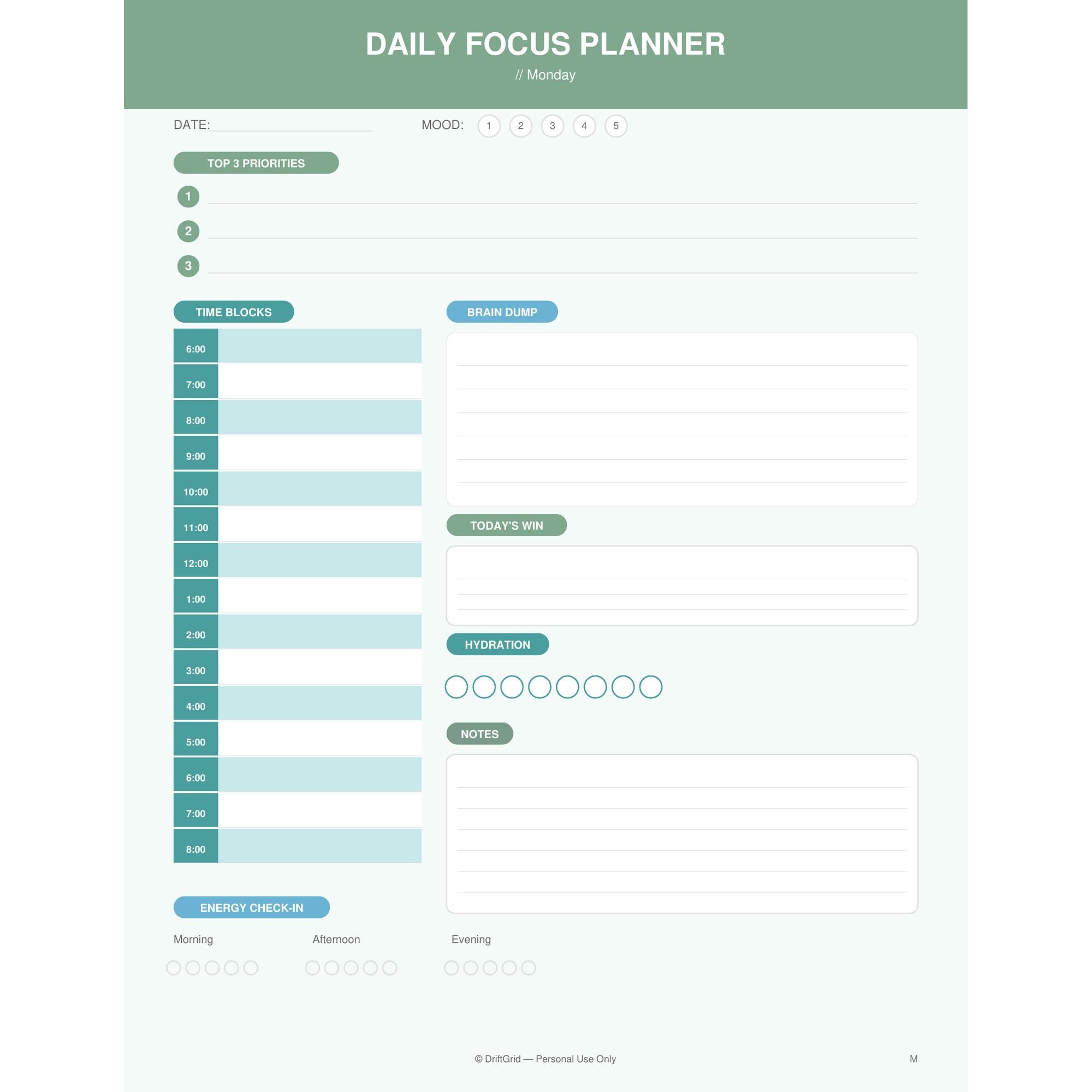 ADHD Daily Focus Planner | Adult Time Blocking PDF (instant Download ...