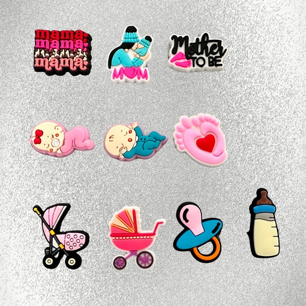 Mama Mother Baby Pregnant Pregnancy Bottle Pacifier Stroller Footprint Pink Girl Blue Boy Charm Shoe Croc Compatible Shoe Charms