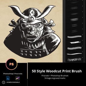 Puede incluir: Una ilustración en blanco y negro de un guerrero samurái con un casco de ala ancha. La ilustración es de estilo xilografía y forma parte de un conjunto de 50 pinceles de impresión de xilografía para Procreate y Photoshop.