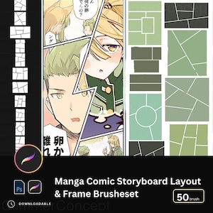 Puede incluir: Imagen de un producto de arte digital que presenta un diseño de storyboard de cómic manga y pinceles de marco. La imagen incluye un panel de cómic manga con personajes y texto, junto con varias opciones de diseño de marco en tonos verdes. El producto es descargable e incluye 50 pinceles.