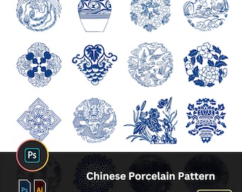 Op de afbeelding: Een set van 12 blauwe en witte Chinese porseleinen patronen, met verschillende ontwerpen, waaronder bloemen, vogels, draken en vazen. De patronen zijn perfect voor gebruik in knutselen, scrapbooking of andere creatieve projecten.