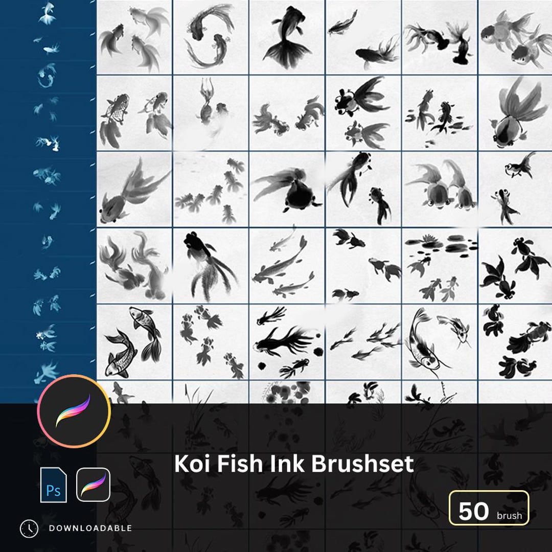 Procreate Koi Fish Tutorial 50 Chinese Koi Fish Procreate & Photoshop Brushset Ink Wash Goldfish ...
