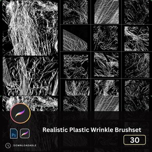 May include: A set of 30 realistic plastic wrinkle brushes for digital art. The brushes are designed to create a wrinkled, crinkled, or crumpled effect on digital artwork.
