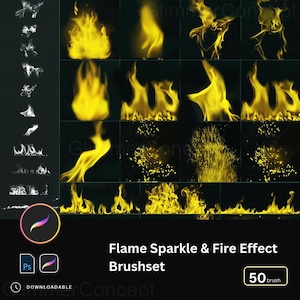 Może przedstawiać: Cyfrowy zestaw pędzli z efektami płomieni, iskier i ognia. Obraz przedstawia różne żółte i białe wzory płomieni i dymu na czarnym tle. Tekst brzmi "Flame Sparkle & Fire Effect Brushset" i "50 brush".