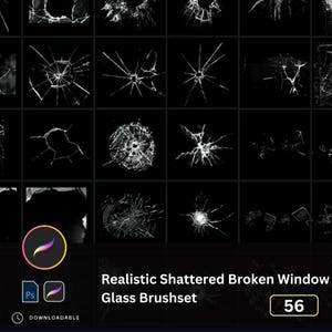 May include: A set of 56 realistic shattered broken window glass brushes for digital art. The brushes are displayed in a grid on a black background.