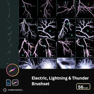 May include: A digital art brushset featuring electric, lightning, and thunder designs. The image showcases various lightning bolt illustrations in white and purple against a black background. The set includes 56 brushes, perfect for digital art projects.