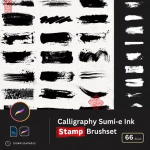 60+ Calligraphy Ink Wash Watercolor Ink Stamp Set for Photoshop & Procreate | Splatter, Stamp, Sumi-e Brushes, Ink Splatter Effects Japan
