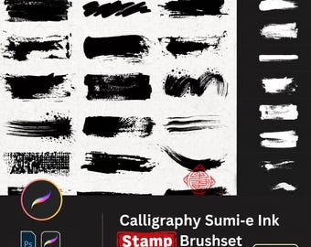 60+ Calligraphy Ink Wash Watercolor Ink Stamp Set for Photoshop & Procreate | Splatter, Stamp, Sumi-e Brushes, Ink Splatter Effects Japan