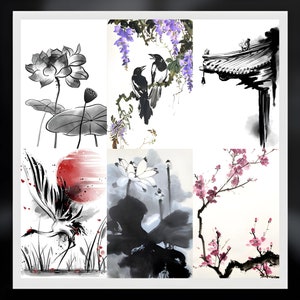 May include: A collage of six black and white ink paintings featuring traditional Japanese imagery. The images include a crane, lotus flowers, wisteria, a pagoda roof, and cherry blossoms.