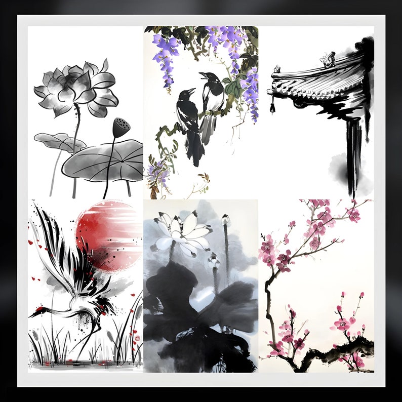 May include: A collage of six black and white ink paintings featuring traditional Japanese imagery. The images include a crane, lotus flowers, wisteria, a pagoda roof, and cherry blossoms.