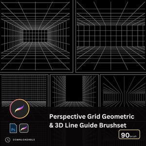 Puede incluir: Un conjunto de pinceles de arte digital con diseños de cuadrícula de perspectiva y guías de líneas 3D. La imagen muestra varios ejemplos de los patrones de cuadrícula en blanco sobre un fondo negro. El texto dice "Perspective Grid Geometric & 3D Line Guide Brushset" y "90 brush".