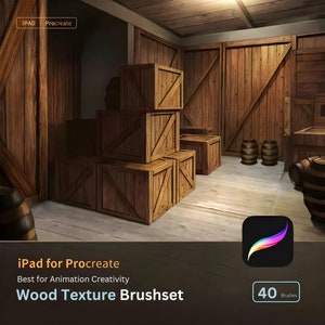 May include: A digital illustration of a wooden warehouse interior with stacked wooden crates and barrels. The image is for a Procreate brush set for iPad, featuring 40 wood texture brushes. The text "iPad for Procreate" and "Wood Texture Brushset" is displayed on the image.