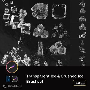 May include: A set of 40 transparent ice and crushed ice Photoshop brushes. The brushes are designed to create realistic ice effects in digital art.