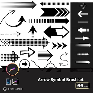 May include: A set of 66 black and white arrow symbol brushes for digital art. The brushes are designed in a variety of styles, including simple, geometric, and stylized. The brushes are perfect for adding direction and movement to your designs.