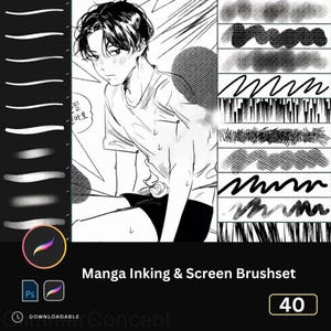 May include: Digital Manga Inking & Screen Brushset with 40 brushes. The image features a manga-style illustration of a person, along with examples of brush strokes and the text "Manga Inking & Screen Brushset".