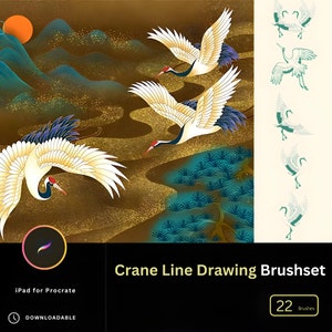 May include: A digital brush set for the iPad app Procreate featuring 22 crane line drawing brushes. The image shows a stylised illustration of three cranes flying over a landscape with mountains and a pine tree. The brush set is downloadable.