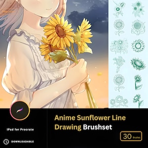 30 sellos de girasoles animados para Procreate, tatuaje de ramo de flores silvestres, descarga digital, anime de naturaleza Ghibli
