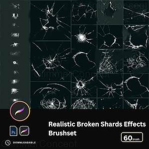 May include: A digital brushset for creating realistic broken glass effects. The image displays a grid of shattered glass patterns in white on a dark background. Text reads "Realistic Broken Shards Effects Brushset" with Photoshop and Procreate icons.