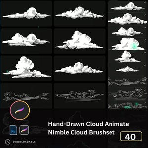 Può includere: Un set di 40 pennelli per nuvole disegnati a mano per Adobe Photoshop. I pennelli sono progettati per creare nuvole realistiche e animate. L'immagine mostra una varietà di forme e dimensioni di nuvole, nonché alcuni esempi di come i pennelli possono essere utilizzati per creare nuvole animate.