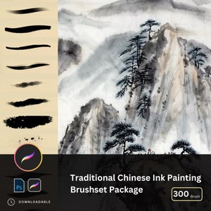 Op de afbeelding: Een set van 300 traditionele Chinese inktpenseel. De penselen worden getoond tegen een achtergrond van een aquarel schilderij van een berglandschap met bomen. De penselen zijn bedoeld voor gebruik met digitale kunst software.