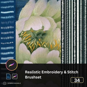 Könnte beinhalten: Grafik für digitale Kunst mit einem realistischen Stick- und Stichpinselset. Das Bild zeigt ein florales Design mit weißen und grünen Blütenblättern, gelben Akzenten und verschiedenen Stichmustern. Der Text "Realistic Embroidery & Stitch Brushset" wird angezeigt.