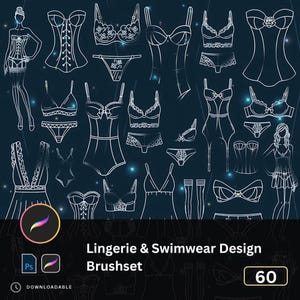 Puede incluir: Dibujos lineales blancos de diseños de lencería y trajes de baño sobre un fondo azul oscuro. Los diseños incluyen sujetadores, bragas, corsés y un boceto de cuerpo completo. También está presente el texto "Lingerie & Swimwear Design Brushset".