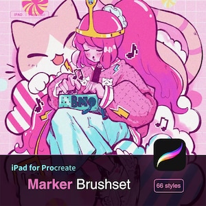 Op de afbeelding: Een digitale illustratie van een personage met roze haar en een kroon, dat een roze en witte jas draagt en op een wolk zit met een kat. Het personage houdt een groene gamecontroller vast met de tekst "BMO" erop. De afbeelding is een digitale penseelset voor iPad Procreate met 66 stijlen.