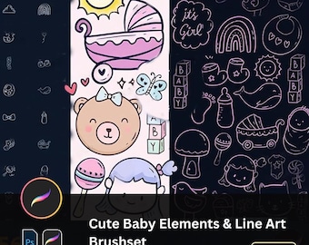 Cute Baby Elements Procreate & PS Brushset, Line Art, Watermarks, Journal Decoration, Simple Doodles, Hand-drawn Illustrations for Kids