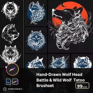 99 Hand Drawn Wolf Head Procreate Photoshop Brushes, Wild & Warrior Wolf Tattoo Brush Set, Animal Line Art for Digital Illustration
