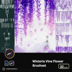May include: Digital brushset featuring wisteria vine flowers in shades of purple and pink. The image includes a watercolour painting style with butterflies and Japanese text. The set includes 32 brushes for Procreate and Photoshop.