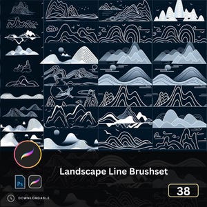 Könnte beinhalten: Ein digitales Landschaftslinien-Pinselset mit 38 Designs. Das Bild zeigt Berg- und Naturszenen in weißer Linienkunst auf dunklem blauem Hintergrund. Enthält Procreate- und Photoshop-Symbole. Herunterladbar.